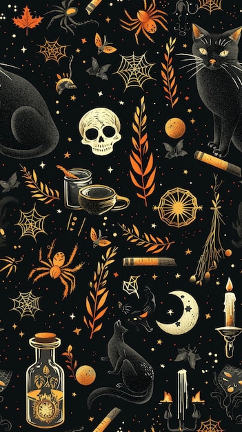 Witchs Essentials Pattern Witchy Halloween Set of witchcraft items Collection of witchy magic