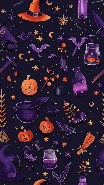 Witchs Essentials Pattern Witchy Halloween Set of witchcraft items Collection of witchy magic