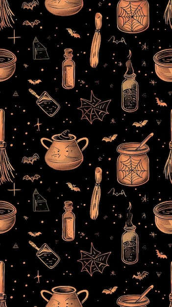 Witchs Essentials Pattern Witchy Halloween Set of witchcraft items Collection of witchy magic