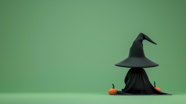 A witchs hat and robe with pumpkins on a green background