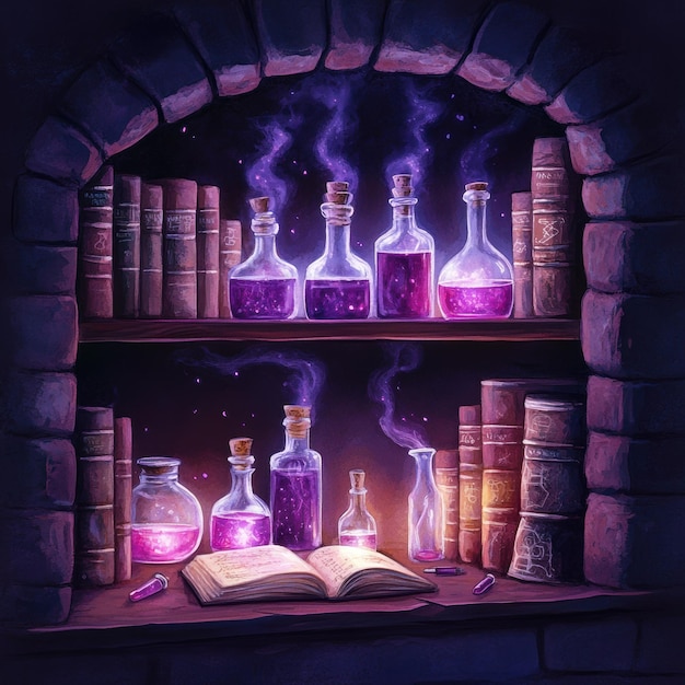 Photo a witchs lair filled with potion bottles and spellbooks