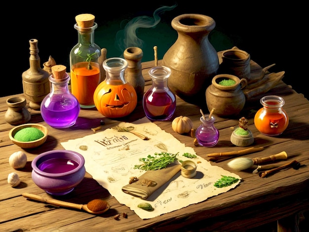 Photo witchs potion ingredients laid out