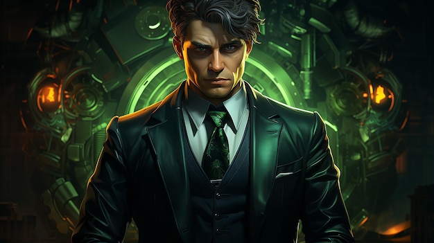 Witchy Man in Black and Green Suit with Short Hair