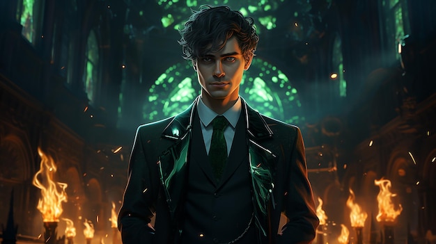 Witchy Man in Black and Green Suit with Short Hair