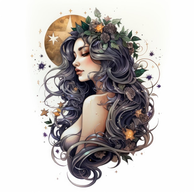 Witchy nature astrology pin up style tattoo design