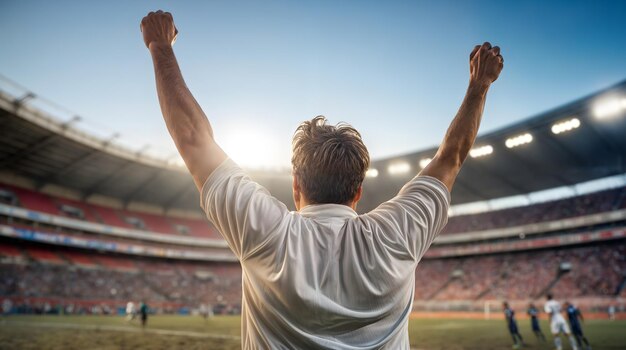 With arms raised passionate fan celebrates football team triumph Generative AI