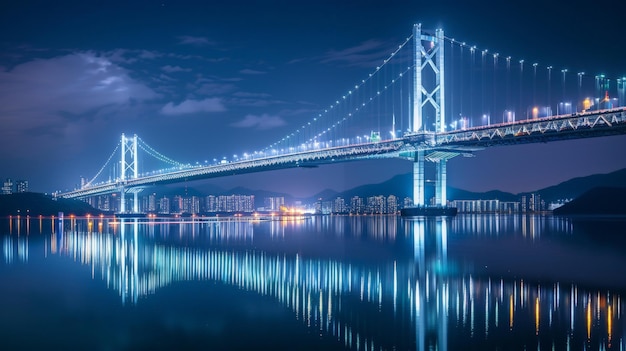 With the city asleep below Gwangan Bridge remains awake its lights casting a mesmerizing reflection upon the waters of Busan South Korea creating a scene of unparalleled wonder and beauty