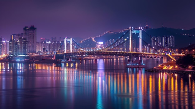 With the city asleep below Gwangan Bridge remains awake its lights casting a mesmerizing reflection upon the waters of Busan South Korea creating a scene of unparalleled wonder and beauty