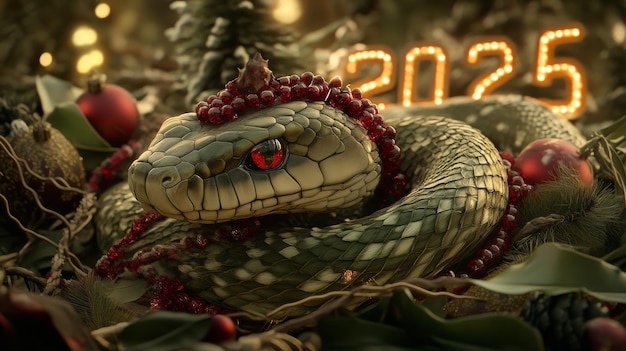 With a colorful snake decorated with festive decorations and a display of the year 2025 it depicts the year 2025