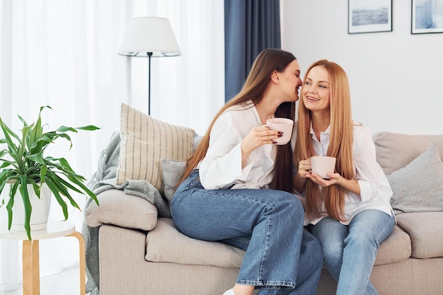 With cups in hands Young mother with her daughter is at home at daytime