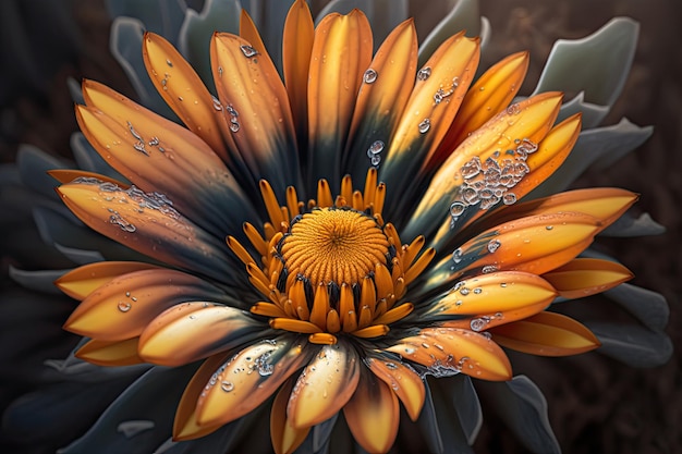 With dew drips in the centre gazania blooms up close the background