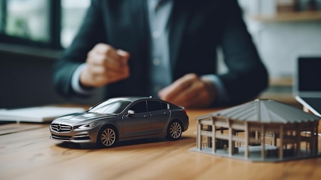 With hands on the table and Generative AI a businessman protects his house model and vehicle