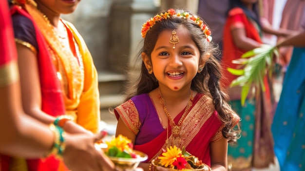 With her family a small girl celebrates Teej GENERATE AI