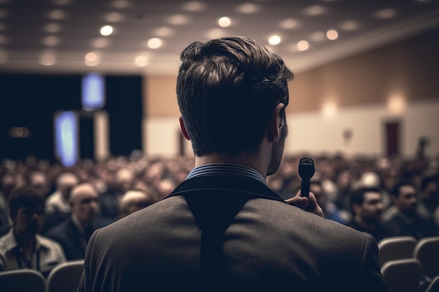 With his back turned an anxious man is facing a talk in front of a crowd of people Ai generated