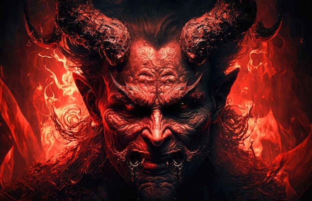 With horns and active s a computerized portrait of a devil demon in hell is presented