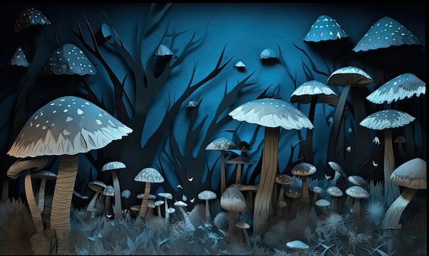 With intricate details and vivid colors the art piece captured the enchanting beauty of a forest of mushrooms and trees Creating using generative AI tools