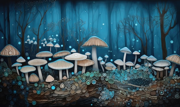 With intricate details and vivid colors the art piece captured the enchanting beauty of a forest of mushrooms and trees Creating using generative AI tools