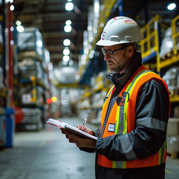 Photo with a keen eye for detail a warehouse supervisor dons a safety helmet and reflective vest while utilizing a digital tablet to review inventory levels within the industrial storage facility