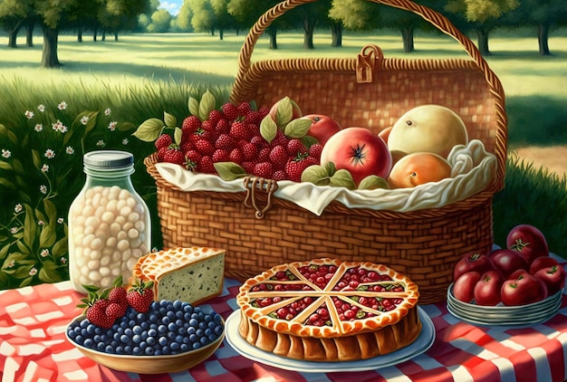 With an open picnic basket fruit salad and cherry pie a summertime picnic is set up on the lawn