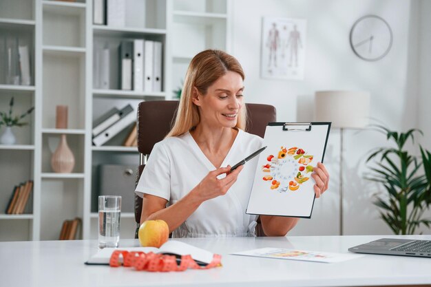 Photo with picture of food and vitamins young female doctor in white coat is indoors