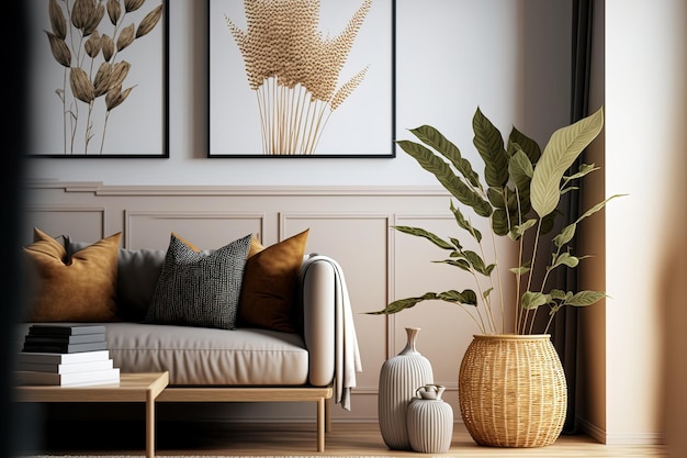 With rattan furniture and a dried plant in a vase a modern house interior