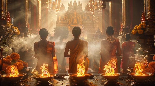 With reverence and devotion worshippers gather at the temple to honor the gods their voices ra