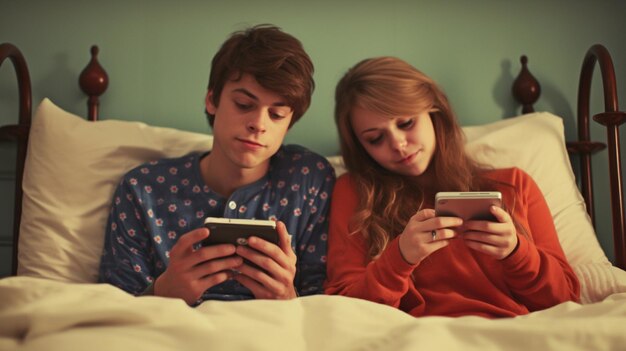 With Smartphones and Generative AI a Young Couple In Bed