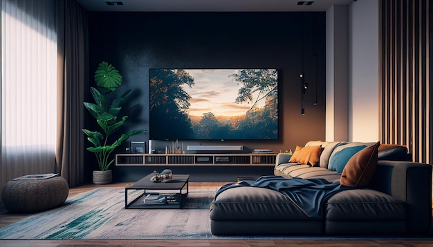 With a sofa and a giant TV screen on the wall Generative AI has created a modern living area