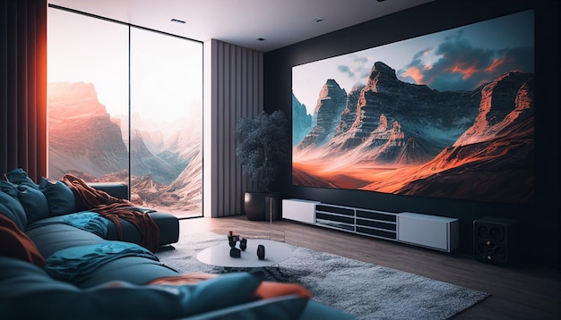 With a sofa and a giant TV screen on the wall Generative AI has created a modern living area