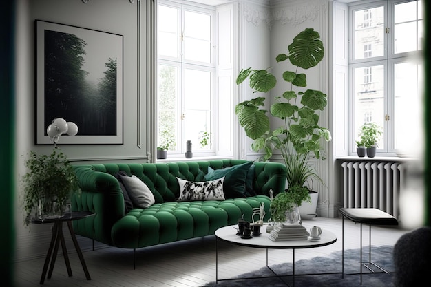 With a sofa the room looks fashionable and green Scandinavian style in decorating