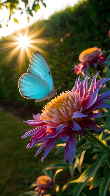 With the sun setting behind it a blue butterfly