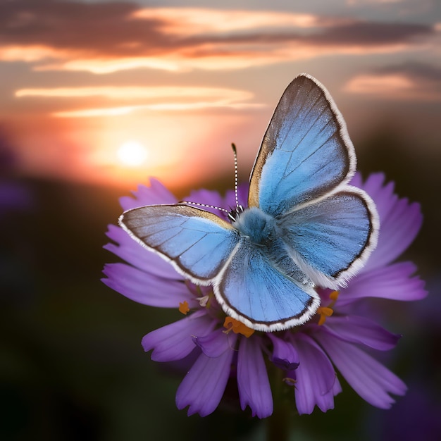 With the sun setting behind it a blue butterfly