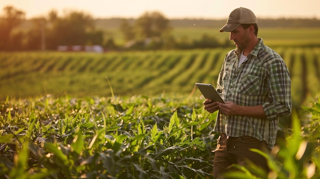 With a tablet in hand an Agrologist walks through a field of crops providing onsite consultations