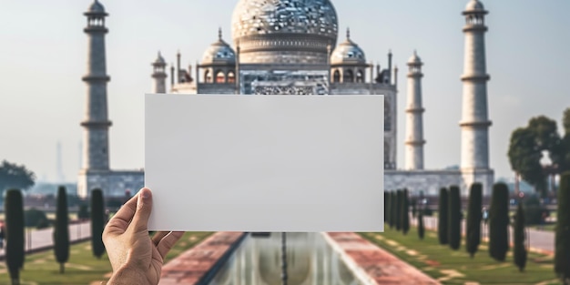 Photo with the taj mahal mosque in the backdrop a hand holding a blank sheet of paper generative ai