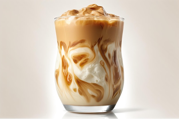 With a white background an iced coffee latte with cream being added demonstrates the flavor and pleasant appearance of the beverage