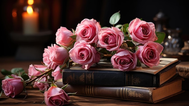 A withered bouquet of pink roses lies on old thick library books