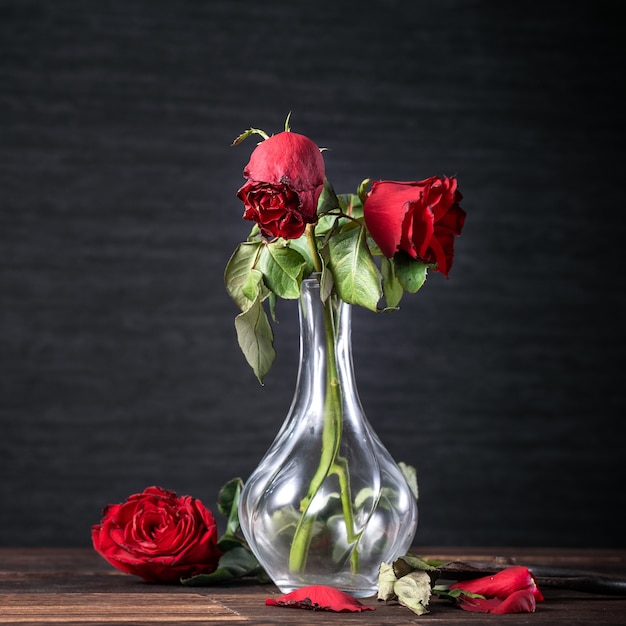 Withered rose on dark gray background and wooden table with fall petals and leaves, design concept of sad Valentine's day romance, broken up, copy,space.