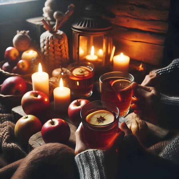 Within the cozy confines of a rustic cabin friends gather to sip on glasses of mulled cider made fr