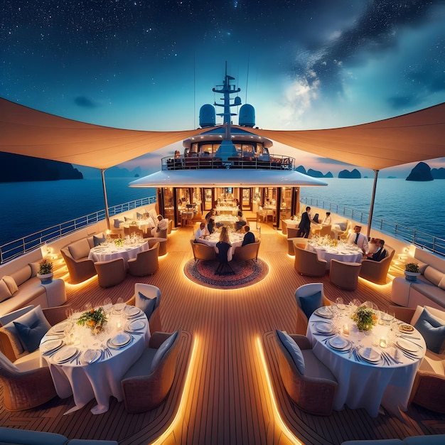 Within the serene confines of a luxury yacht guests indulge in a decadent dinner cruise under the s