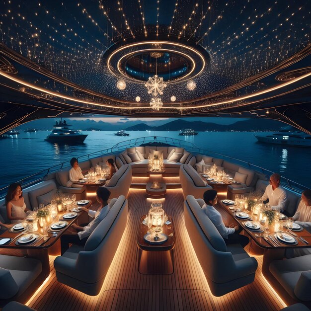 Within the serene confines of a luxury yacht guests indulge in a decadent dinner cruise under the s