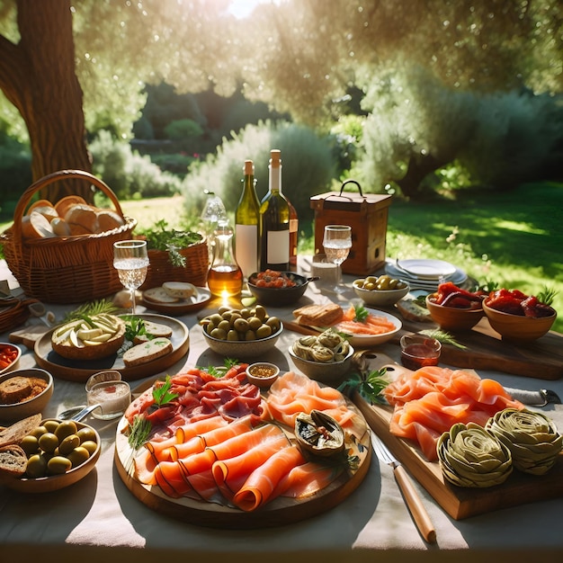 Within the serene setting of a picnic in the park a spread of delicatessen delights including smoke