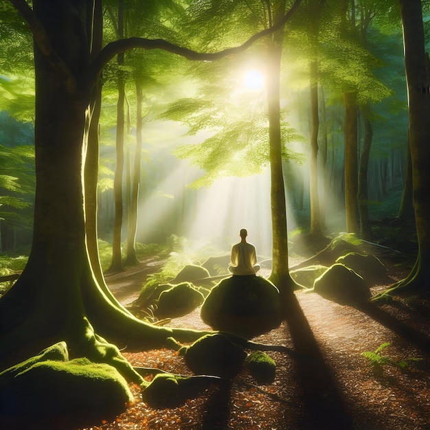 Within the serene setting of a sunlit forest clearing a person sits in meditation amidst the gentl