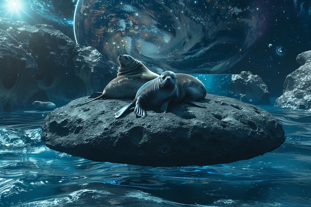 Witness the celestial harmony of cosmic sea lions generative ai