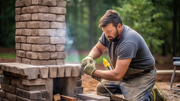 Photo witness the expertise of a mason as they carefully build a brick wall meticulous construction expert finesse outdoor warmth masonry magic crafted with expertise generated by ai