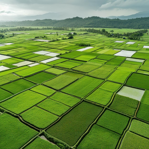 Witness the future of farming in a birds eye view of a rice field where farmers toil amidst lush gr