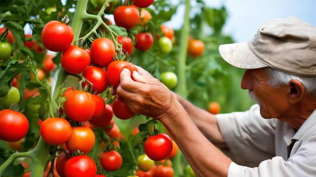 Witness a man in a straw hat expertly picking fresh tomatoes in a vibrant greenhouse setting