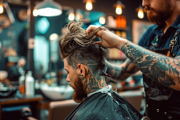 Witness the meticulous process of a mans haircut at a bustling barber shop in this comprehensive photo series A hairdresser with tattoos giving a punk rock style haircut AI Generated