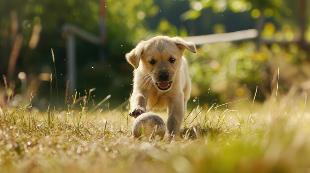 Witness the playful antics of a curious puppy stepping on a ball embodying the spirit of fun and adventure