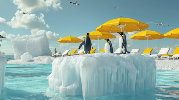 Witness the playful antics of penguins on a massive block of ice turning the beach into