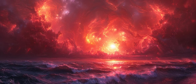 witness the raw power of nature as the sun sets painting the sky with fiery reds above a churning ocean capturing a moment of apocalyptic beauty where sea and sky become one